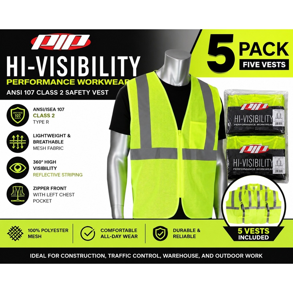 PIP Hi-Visibility Safety Vest 5 Pack ANSI Class 2 Mesh Zipper Front Yellow L/XL